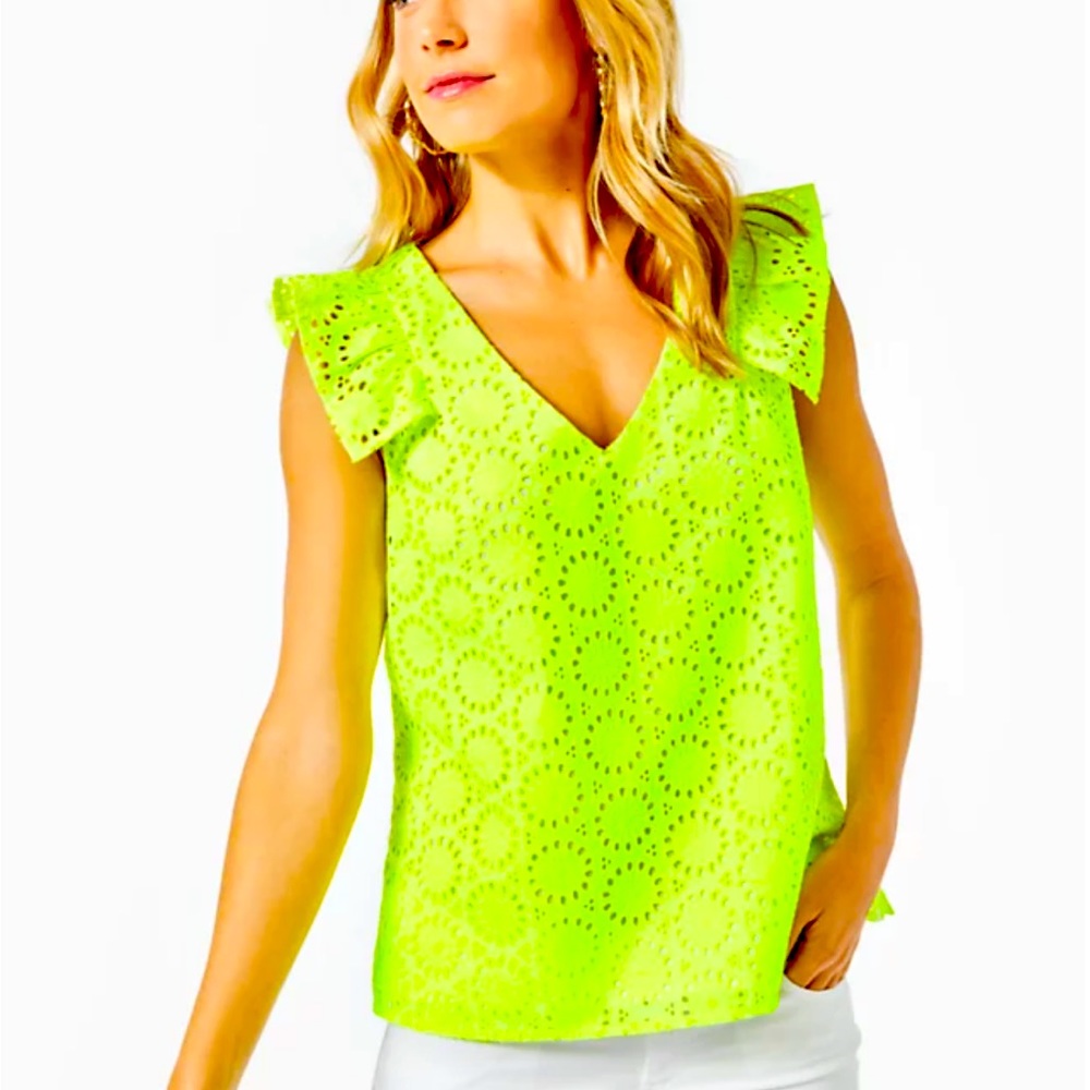 Lilly Pulitzer TOP Lina EyeLet XS V-neck eyelet fabric, vibrant color, chic. - Picture 1 of 4